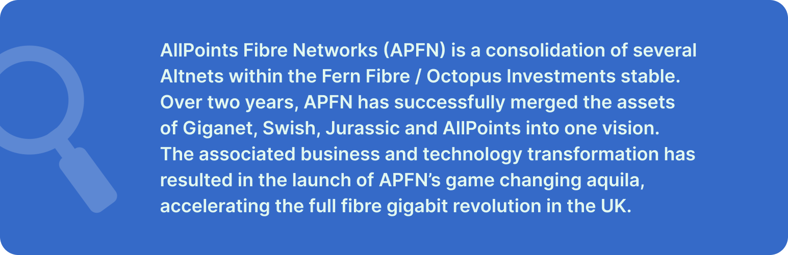 Overview describing how AllPoints Fibre Networks merged multiple Altnets under Fern Fibre and launched the aquila platform to accelerate the UK fibre gigabit revolution.