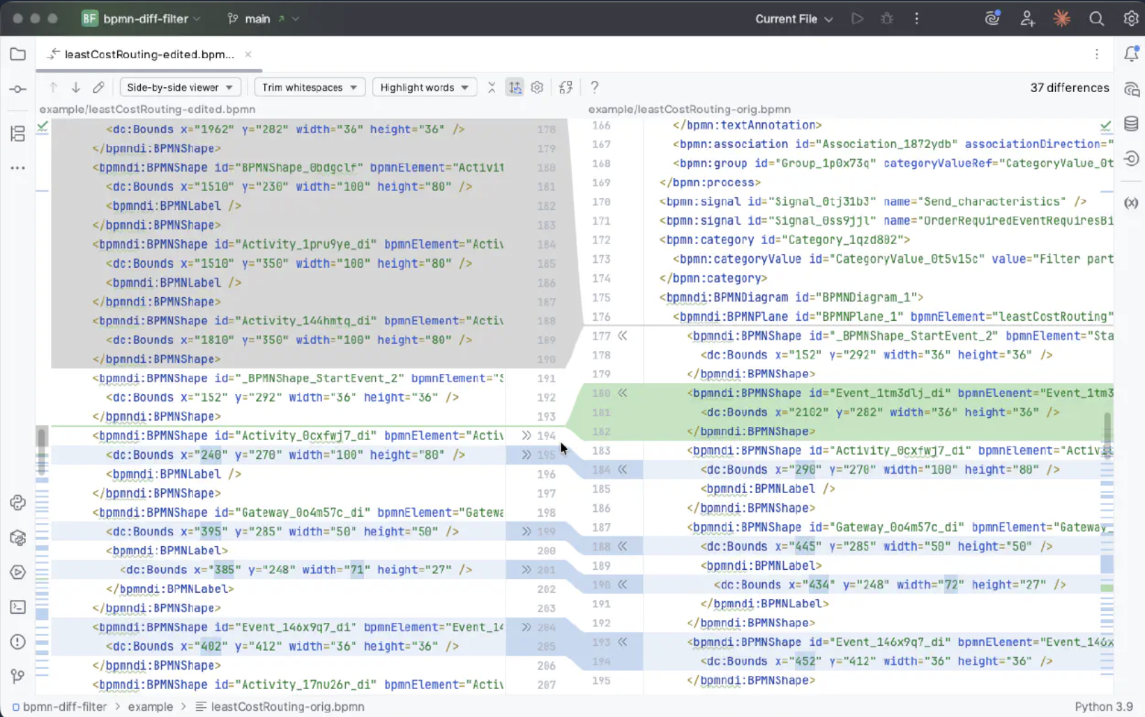 Noisy BPMN XML diff before applying bpmn-diff-filter