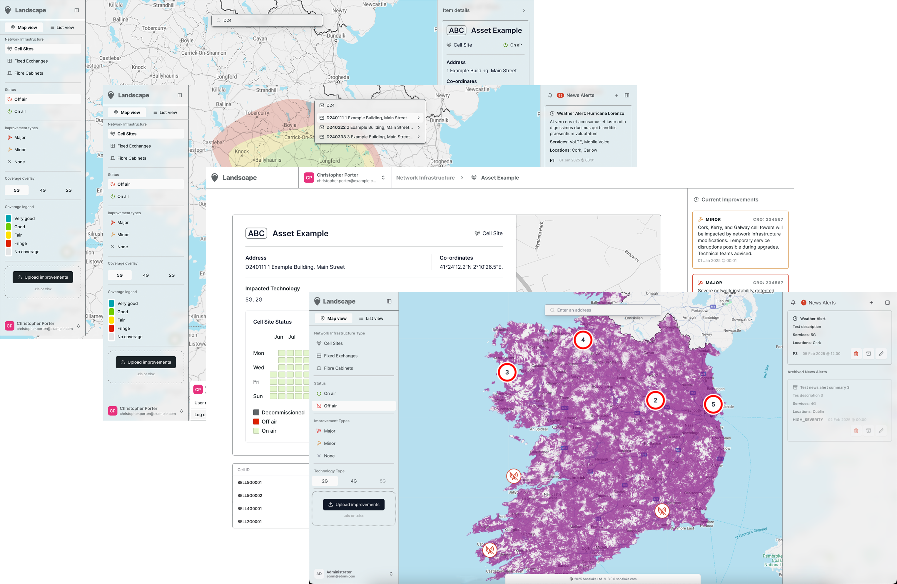 Screenshot collage of Vodafone’s Always On Network Monitor showing map-based network coverage, infrastructure details, and real-time alerts for mobile and fixed sites, developed by Sonalake to enhance visibility and monitoring across Ireland.