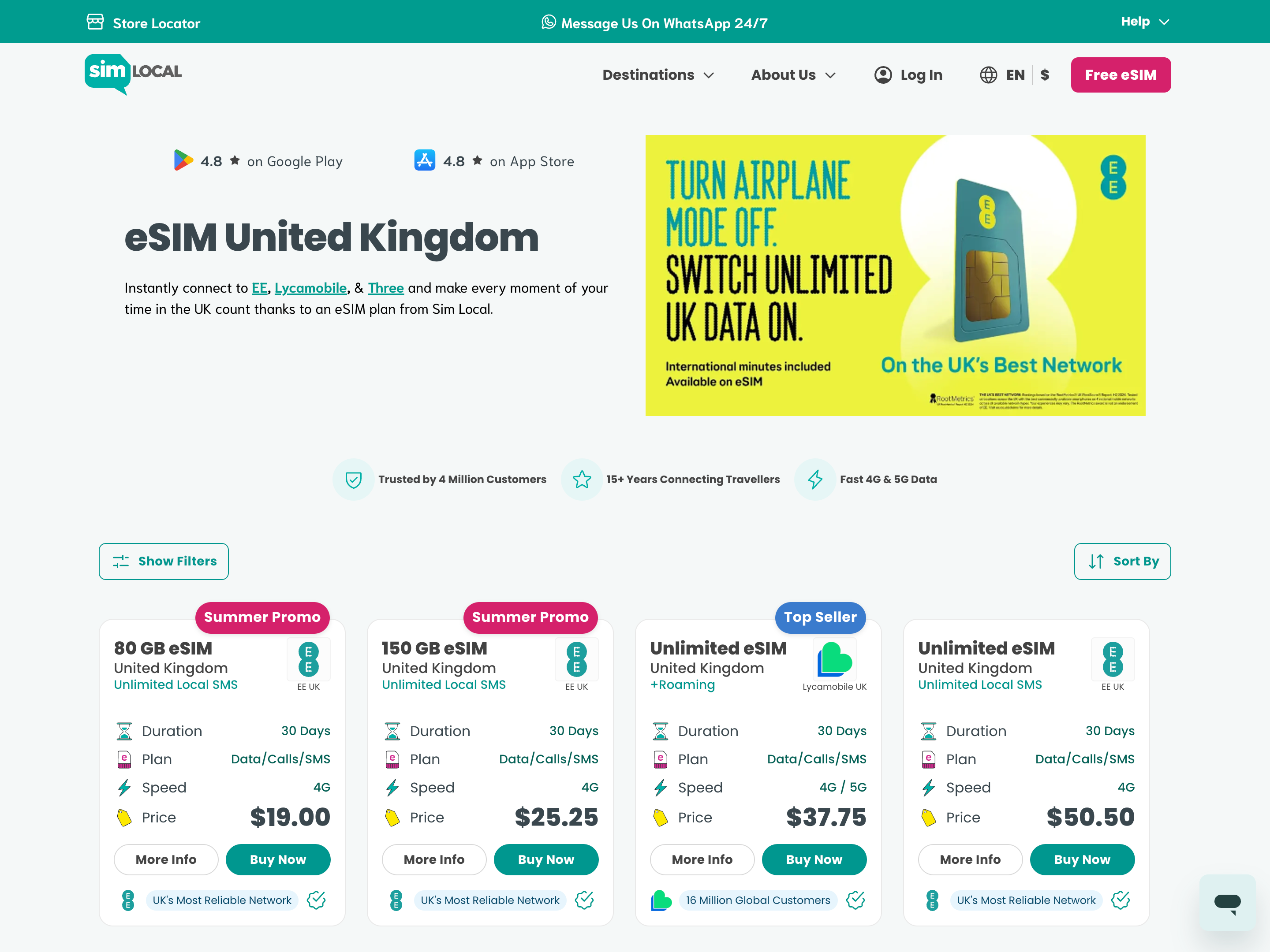Screenshot of Sim Local’s eSIM product page for the United Kingdom, displaying various 30-day mobile data plans from providers like EE and Lycamobile. The page highlights pricing, plan details, promotional offers, and features such as 4G/5G speed, unlimited local SMS, and roaming support.