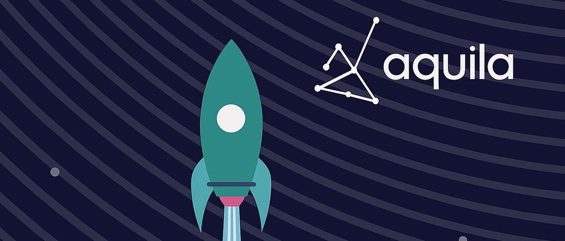 Illustration of a rocket launching beside the aquila logo, symbolising the rapid launch of AllPoints Fibre Networks’ national fibre aggregation platform powered by Sonalake’s SwitchedOn Fibre™.